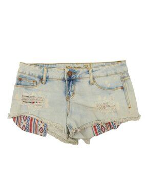 rue21 Denim Cutoff Shorts 7/8 Light Wash Distressed Aztec Boho Festival Indie
